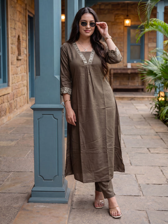 Indo Era Brown Embroidered A-Line Kurta TrousersSet