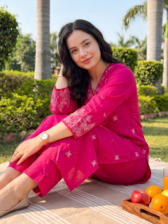 Indo Era Pink Embroidered Straight Kurta TrousersSet