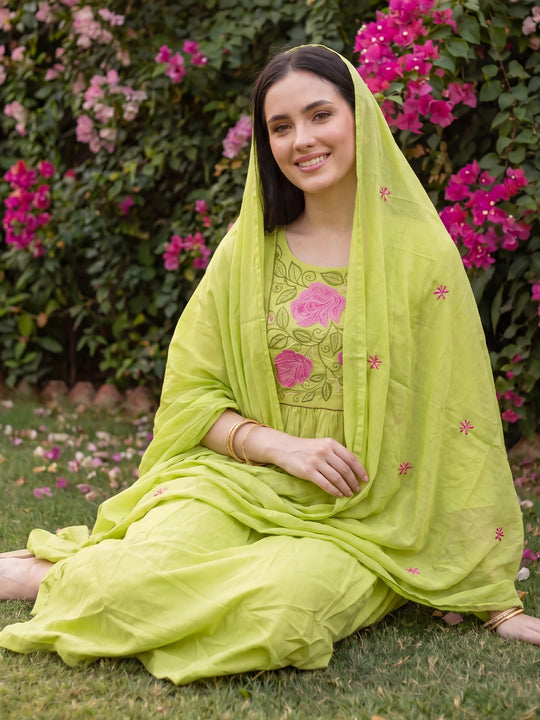 Indo Era Green Embroidered A-Line Kurta Trousers With Dupatta Set