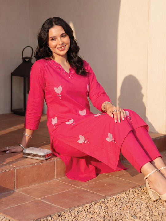 Indo Era Pink Embroidered Straight Kurta TrousersSet