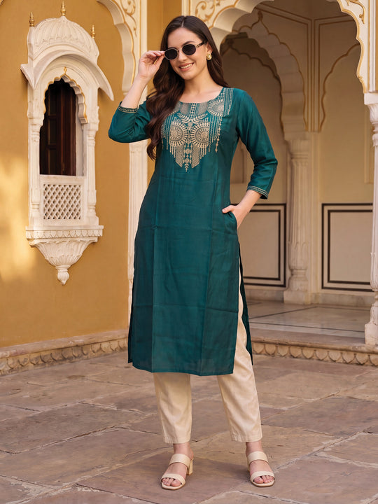 Indo Era Teal Embroidered Straight Kurtas
