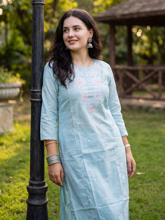 Indo Era Blue Embroidered Straight Kurta TrousersSet