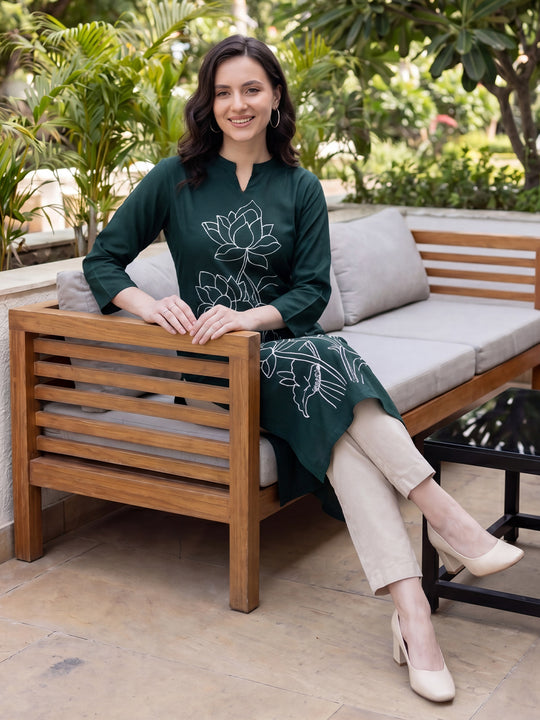 Indo Era Green Embroidered Straight Kurtas
