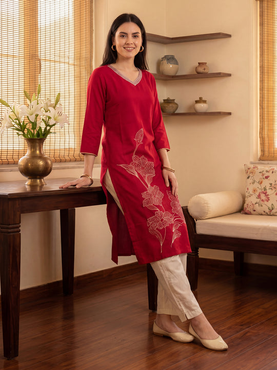 Indo Era Pink Embroidered Straight Kurtas