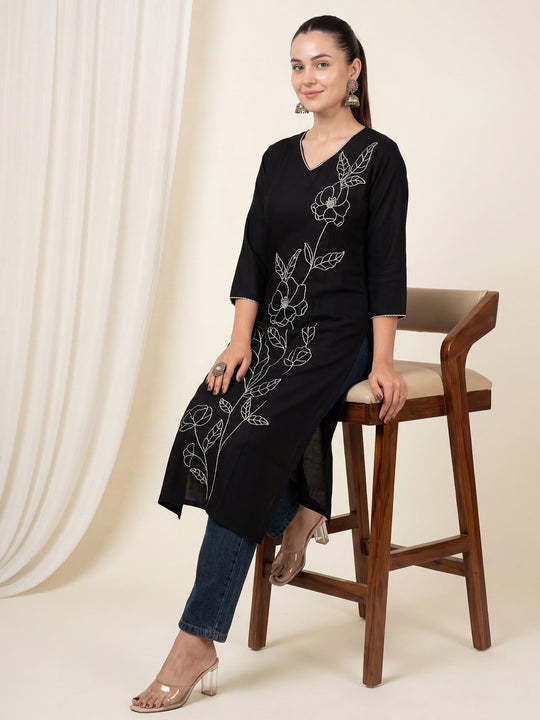 Indo Era Black Embroidered Straight Kurtas