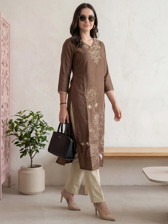 Indo Era Brown Embroidered Straight Kurtas