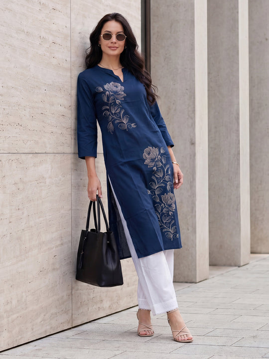 Indo Era Blue Embroidered Straight Kurtas