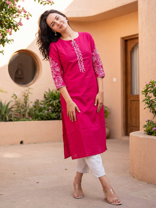Indo Era Pink Embroidered Straight Kurtas