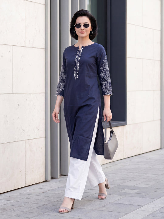 Indo Era Blue Embroidered Straight Kurtas