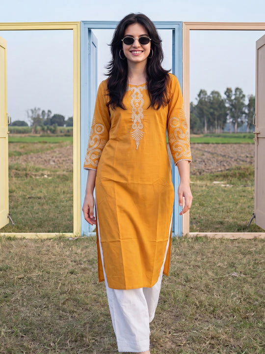 Indo Era Yellow Embroidered Straight Kurtas
