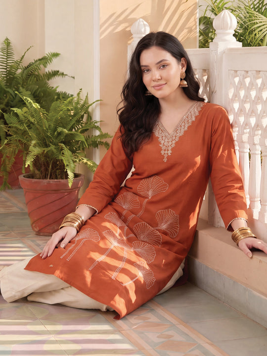 Indo Era Orange Embroidered Straight Kurtas