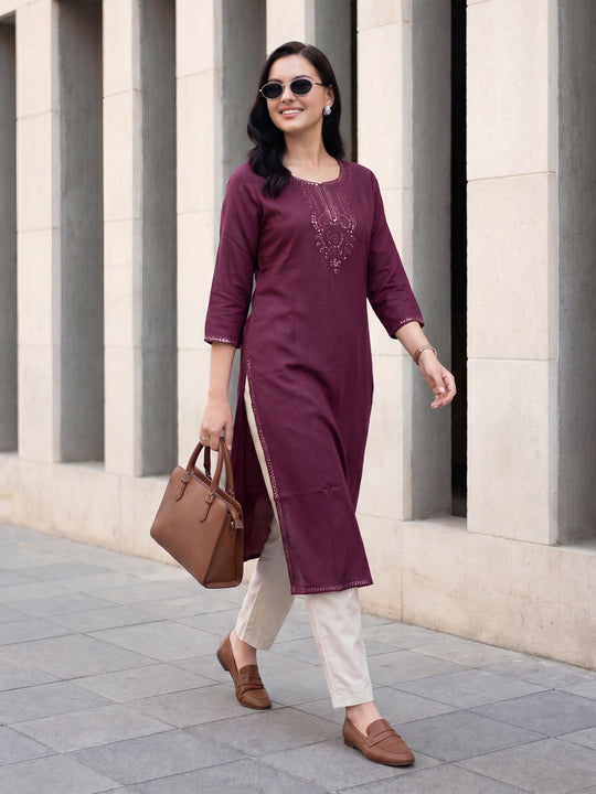 Indo Era Purple Embroidered Straight Kurtas