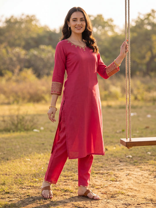 Indo Era Pink Embroidered Straight Kurta TrousersSet