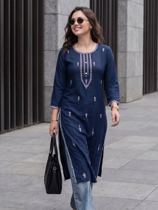 Indo Era Blue Embroidered Straight Kurtas