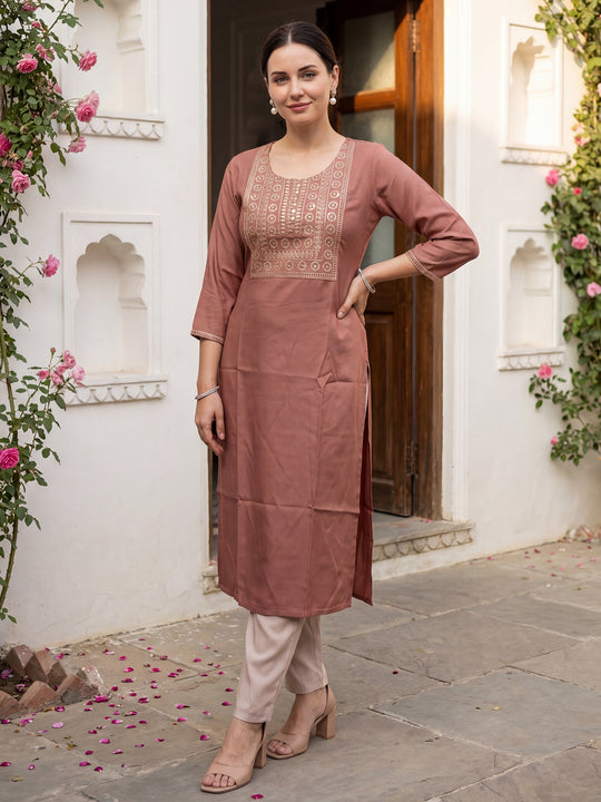 Indo Era Brown Embroidered Straight Kurtas