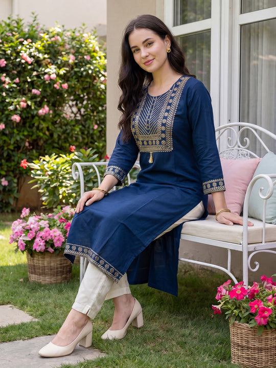 Indo Era Blue Embroidered Straight Kurtas