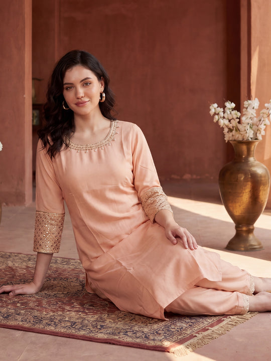 Indo Era Peach Embroidered Straight Kurta TrousersSet