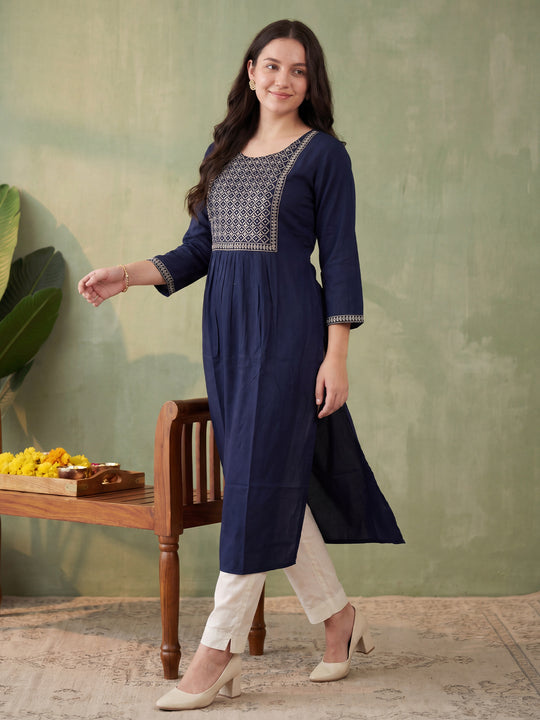 Indo Era Blue Embroidered A-Line Kurtas