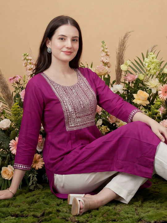 Indo Era Purple Embroidered A-Line Kurtas