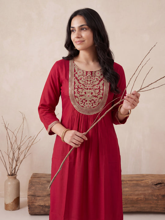 Indo Era Maroon Embroidered A-Line Kurtas