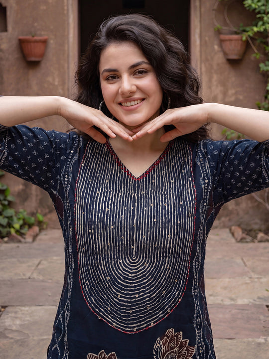 Indo Era Blue Printed Straight Kurta Trousers With Dupatta Set