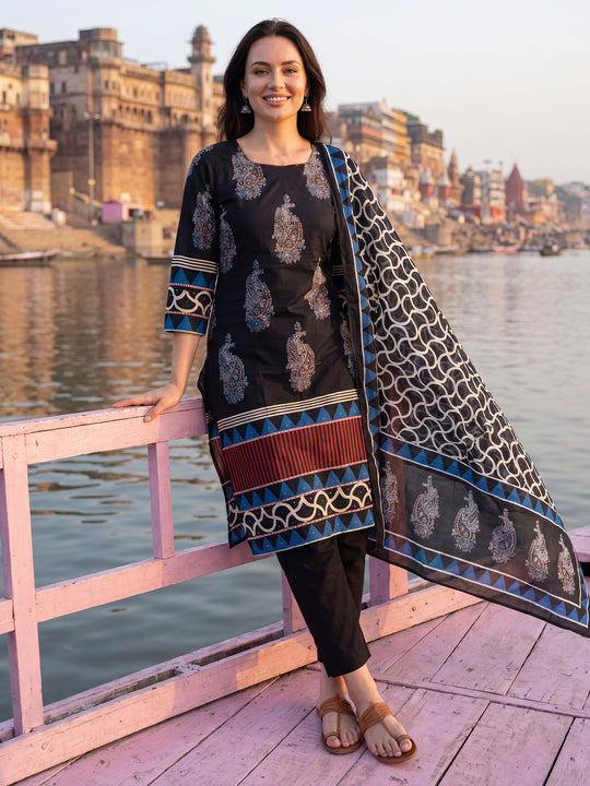 Indo Era Black Printed Straight Kurta Trousers With Dupatta Set