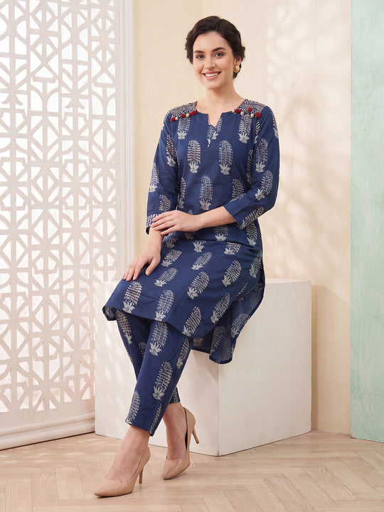 Indo Era Blue Printed Straight Kurta Trousers Set