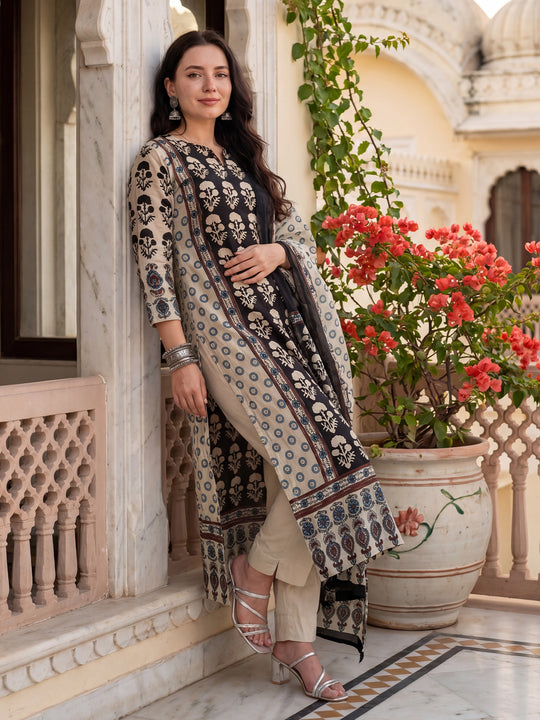 Indo Era Cream Printed Straight Kurta Trousers With Dupatta Set