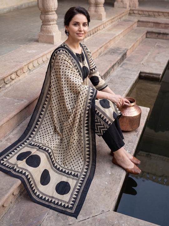 Indo Era Cream Printed Straight Kurta Trousers With Dupatta Set