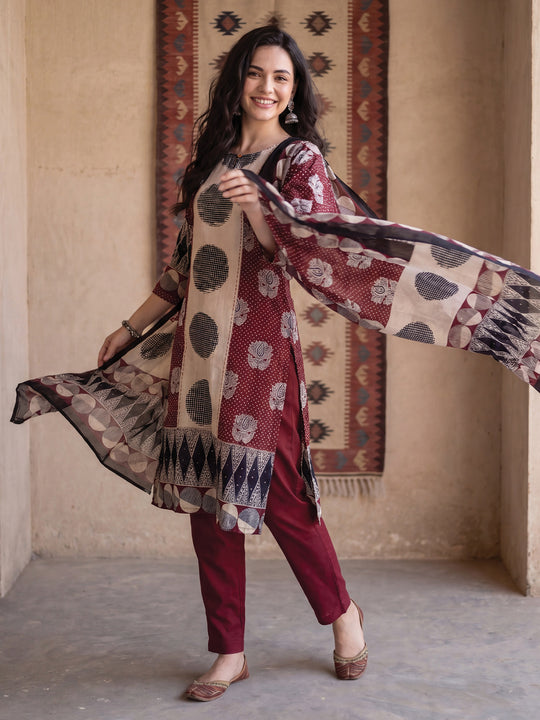 Indo Era Rust Printed Straight Kurta Trousers With Dupatta Set