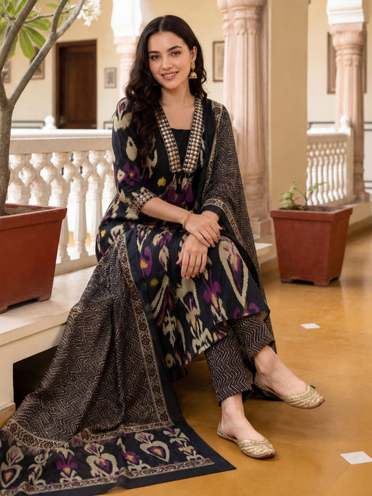 Indo Era Black Embroidered A-Line Kurta Trousers With Dupatta Set