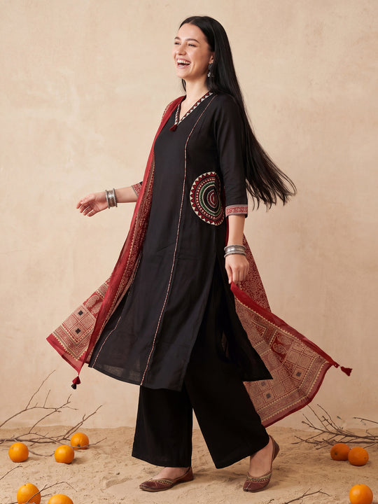 Indo Era Black Self Design A-Line Kurta Palazzos With Dupatta Set