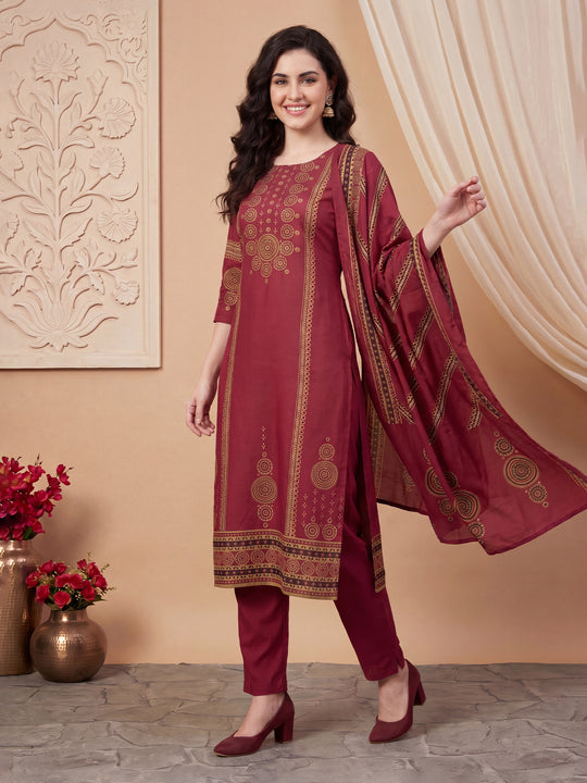 Indo Era Maroon Printed Straight Kurta Trousers With Dupatta Set