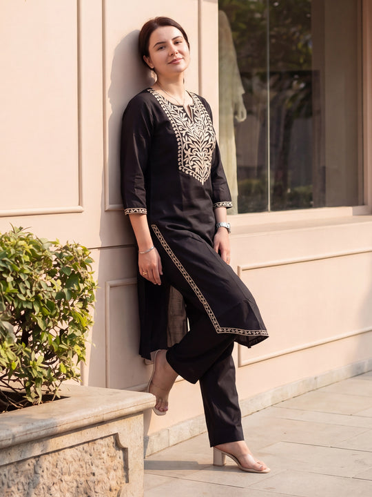 Indo Era Black Embroidered Straight Kurta Palazzos Set