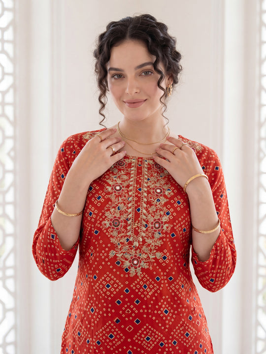 Indo Era Rust Embroidered Straight Kurta Trousers With Dupatta Set