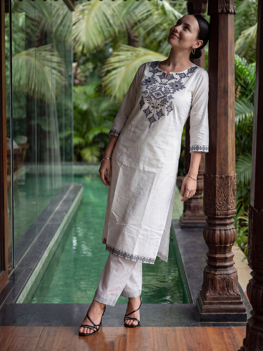 Indo Era White Embroidered Straight Kurta Palazzos Set