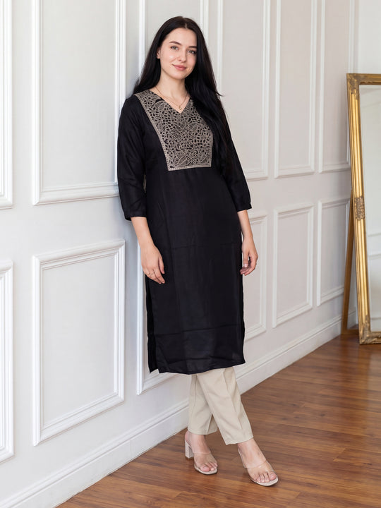 Indo Era Black Embroidered Straight Kurtas