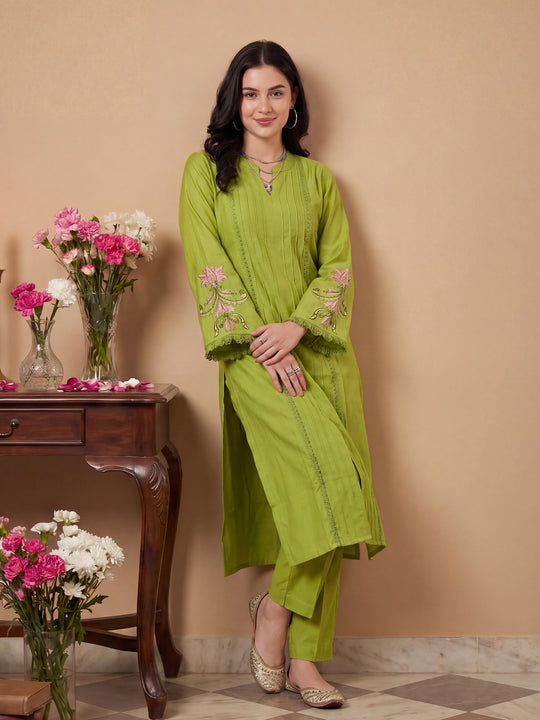 Indo Era Green Self Design Straight Kurta Trousers Set