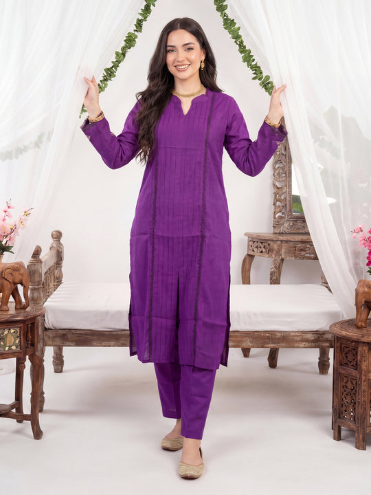 Indo Era Purple Self Design Straight Kurta Trousers Set