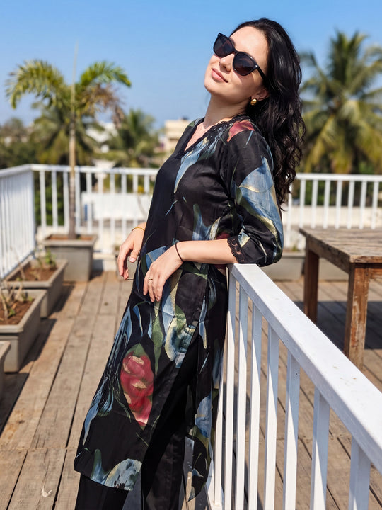 Indo Era Black Printed Straight Kurta Trousers Set