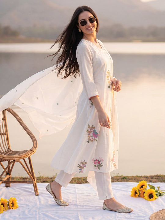 Indo Era Off White Embroidered A-Line Kurta Trousers With Dupatta Set