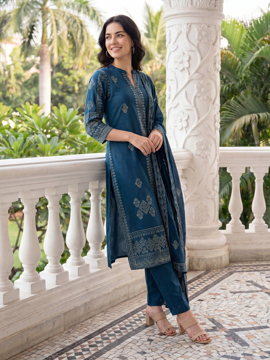 Indo Era Blue Printed Straight Kurta Trousers With Dupatta Set