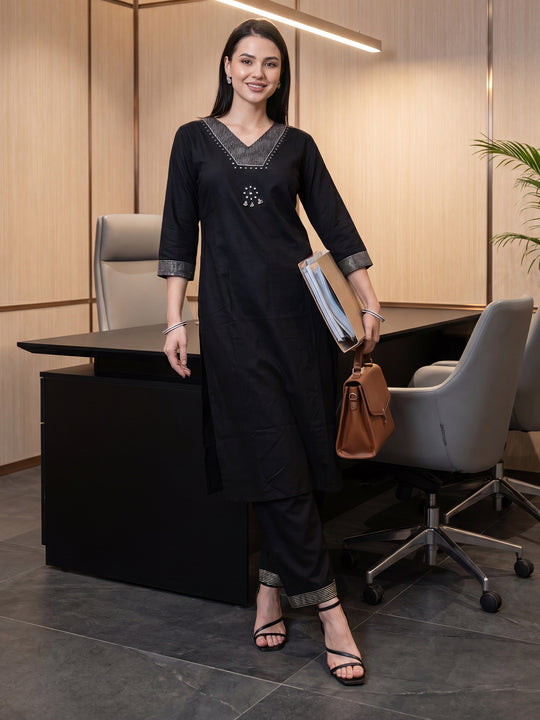 Indo Era Black Embroidered Straight Kurta Palazzos Set