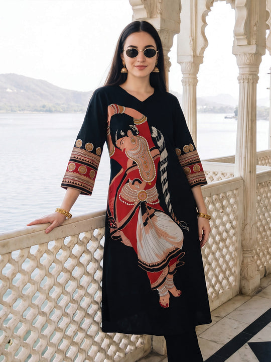 Indo Era Black Printed A-Line Kurta Trousers Set
