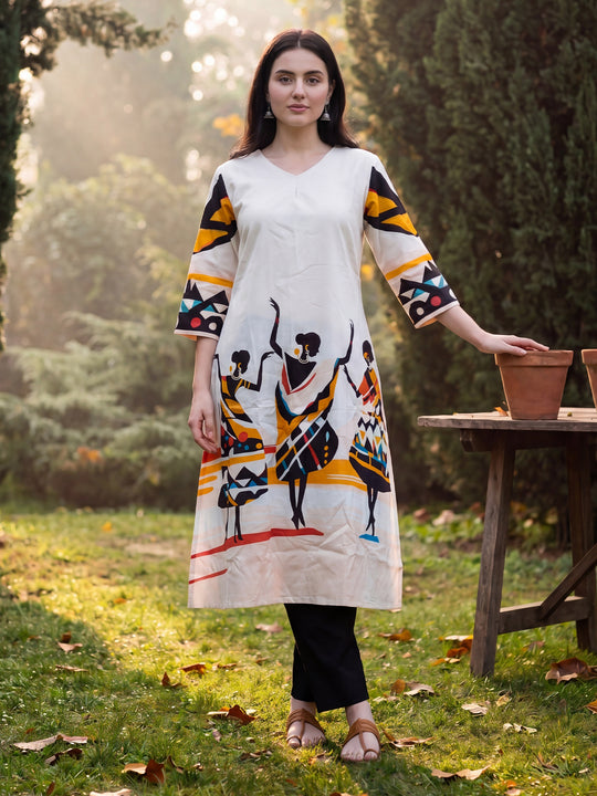 Indo Era Off White Printed A-Line Kurta Trousers Set