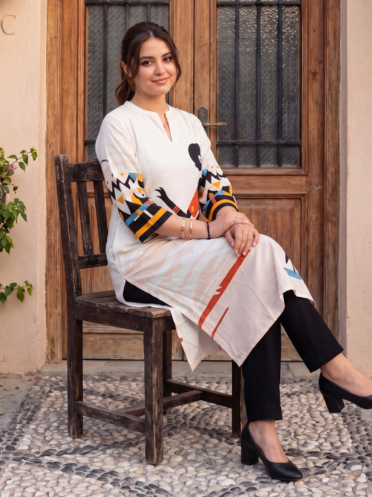 Indo Era Off White Printed A-Line Kurta Trousers Set