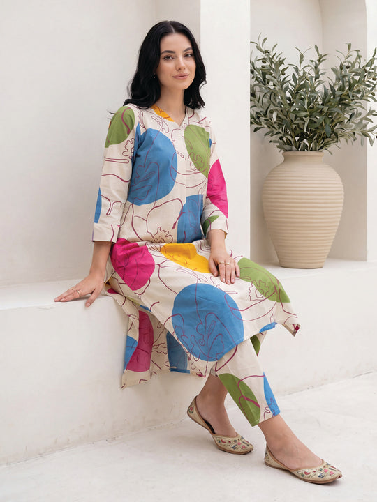 Indo Era Off White Printed Straight Kurta Trousers Set