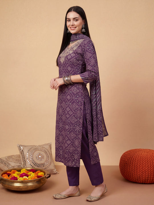 Indo Era Purple Embroidered Straight Kurta Trousers With Dupatta Set