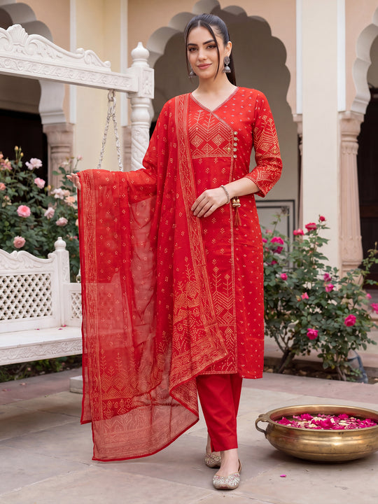 Indo Era Rust Printed Straight Kurta Trousers With Dupatta Set