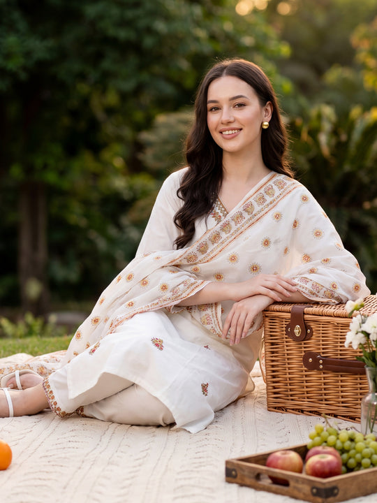 Indo Era White Embroidered Straight Kurta Trousers With Dupatta Set